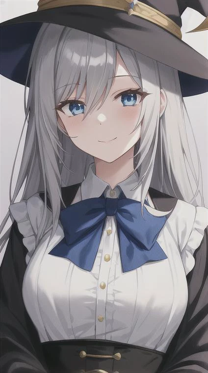 elaina_\(majo_no_tabitabi\), <lora:Elaina:1>, masterful, masterpiece, 4k,
1girl, feminine, beautiful, grey hair, big magical hat + black on the top and purple on the inside, blue eyes, white shirt, yellow ribbon, black robe,
background medieval Europe, magical girl, kawaii, looking at viewer, slight smile,