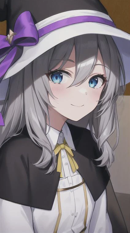elaina_\(majo_no_tabitabi\), <lora:Elaina:1>, masterful, masterpiece, 4k,
1girl, feminine, beautiful, grey hair, big magical hat + black on the top and purple on the inside, blue eyes, white shirt, yellow ribbon, black robe,
background medieval Europe, magical girl, kawaii, looking at viewer, slight smile,