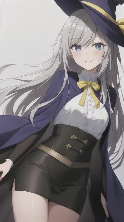 elaina_\(majo_no_tabitabi\), <lora:Elaina:1>, masterful, masterpiece, 4k,
1girl, feminine, beautiful, grey hair, big magical hat + black on the top and purple on the inside, blue eyes, white shirt, yellow ribbon, black robe, 
background medieval Europe, magical girl, kawaii, looking at viewer, slight smile,