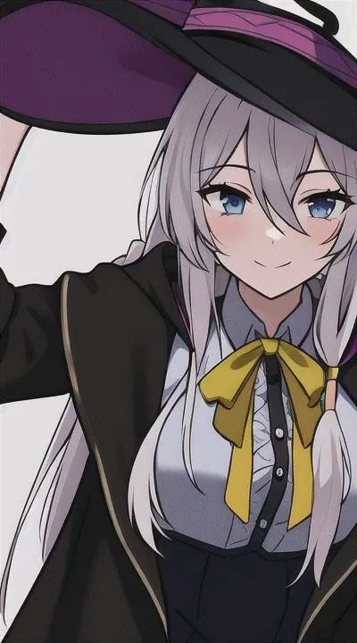 elaina_\(majo_no_tabitabi\), <lora:elainaMajoNoTabitabi_v1:1>, masterful, masterpiece, 4k,
1girl, feminine, beautiful, a-cup, grey hair, big magical hat + black on the top and purple on the inside, blue eyes, white shirt, yellow ribbon, black robe,
background medieval Europe, magical girl, kawaii, looking at viewer, slight smile,