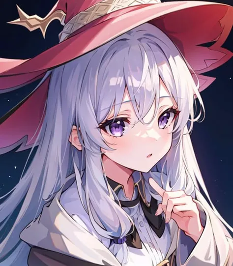 masterpiece, best quality, 1girl, <lora:elainaMajoNoTabitabi_v2:0.5>, elaina_(majo_no_tabitabi), silver hair, purple eyes, long hair, hat