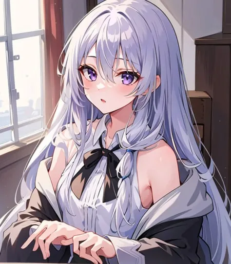 masterpiece, best quality, 1girl, <lora:elainaMajoNoTabitabi_v2:0.5>, elaina_(majo_no_tabitabi), silver hair, purple eyes, long hair,