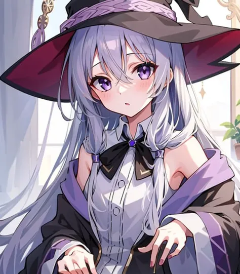 masterpiece, best quality, 1girl, <lora:elainaMajoNoTabitabi_v2:0.5>, elaina_(majo_no_tabitabi), silver hair, purple eyes, long hair, hat