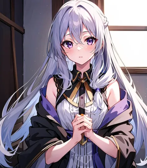 masterpiece, best quality, 1girl, <lora:elainaMajoNoTabitabi_v2:0.5>, elaina_(majo_no_tabitabi), silver hair, purple eyes, long hair,