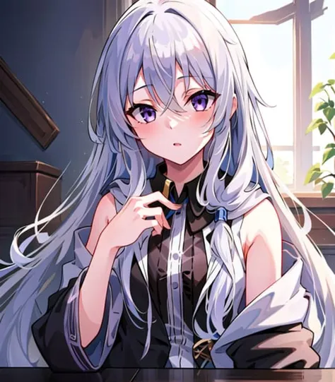 masterpiece, best quality, 1girl, <lora:elainaMajoNoTabitabi_v2:0.7>, elaina_(majo_no_tabitabi), silver hair, purple eyes, long hair,