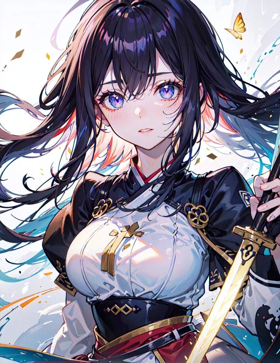 ((detailed light)), cinematic lighting, lens flare, light leaks, sunlight , shine , beautiful detailed glow,best quality ,masterpiece, illustration, an extremely delicate and beautiful, extremely detailed ,CG ,unity ,8k wallpaper, Amazing, finely detail, masterpiece,best quality,official art,extremely detailed CG unity 8k wallpaper,beautiful detailed girl, extremely detailed eyes and face, beautiful detailed eyes,absurdres, incredibly absurdres, huge filesize , ultra-detailed, highres, extremely detailed,dynamic angle, floating, frills, painting, depth of field, Depth of field,nature,solo,fashi-girl,1girl,portrait,(upper body),(hanfu),illustration,((glowing sword)),water,sea spray,flame,((holding sword)),fluttered detailed ink splashs,[[colorful5]],((messy hair)),very long hair,((eyes glowing)), masterpiece, best quality