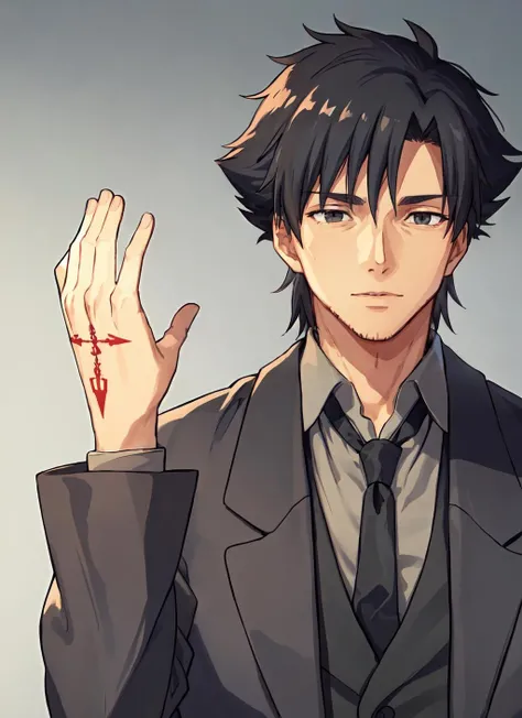 emiyaki, male focus, solo, black coat, grey shirt, necktie, tattoo, stubble, hand up, upper body, mature male, manly, clenched hand
