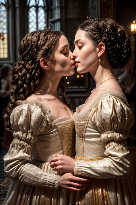 2 girls,edgRenaissance, wearing edgRenaissance , <lora:edgRenaissanceDress1:0.8>,((kissing)), adult, adult body, detailed hair, detailed eyes, looking at each other, ringlets,italy, 15th century, jewelry, earrings, teeth, lips, makeup, realistic, detail, hyperrealistic, necklace, bokeh background, dim light, ((gothic palace interior)), perfect hands, (whole-body) ,(backlighting:1.2), bloom, (light sparkles:1.2), chromatic aberration, (lens flare:1.2), sharp focus, majestic oil painting by Ed Blinkey, Atey Ghailan, Studio Ghibli, by Jeremy Mann, Greg Manchess, Antonio Moro, trending on ArtStation, trending on CGSociety, Intricate, High Detail, Sharp focus, dramatic, photorealistic painting art by midjourney and greg rutkowski Style-Bone<lora:ARWBedroomGothic:0.6><lora:more_details:0.8>