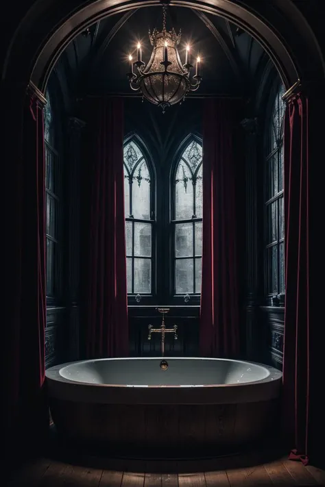 photography, bedroomgothic bathtub, gothic, dim light, mirror, gargoyle, dark curtains, satan paintings, ornament, wooden floor, purple red light, dawn, <lora:ARWBedroomGothic:1>