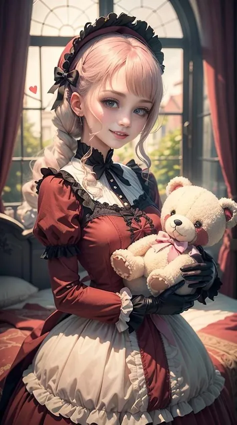 1girl, photo, masterpiece, sweetlolita at bedroomgothic gothic interior, pink dress fabric, heart shape on cheek, blush pink makeup, gloves, smile, pastel color, ornate, broderry, holding stuffed teddy bear, bokeh, <lora:ARWSweetLolita:1> <lora:ARWBedroomGothic:0.4>