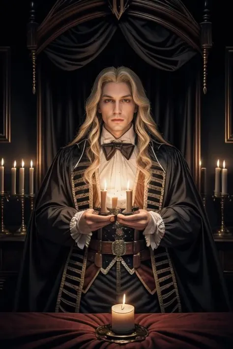 1man, handsome man, portrait upper body of alucardcastlevania wear court suit in bedroomgothic room, candle, looking at viewer, dim light, dark, horror \(theme\), realistic, long blonde, <lora:ARWBedroomGothic:1> <lora:ARWAlucard:1>