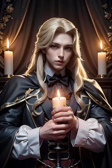 1man, handsome man, portrait upper body of alucardcastlevania wear court suit in bedroomgothic room, candle, looking at viewer, dim light, dark, horror \(theme\), realistic, long blonde,  <lora:ARWBedroomGothic:1> <lora:ARWAlucard:1>