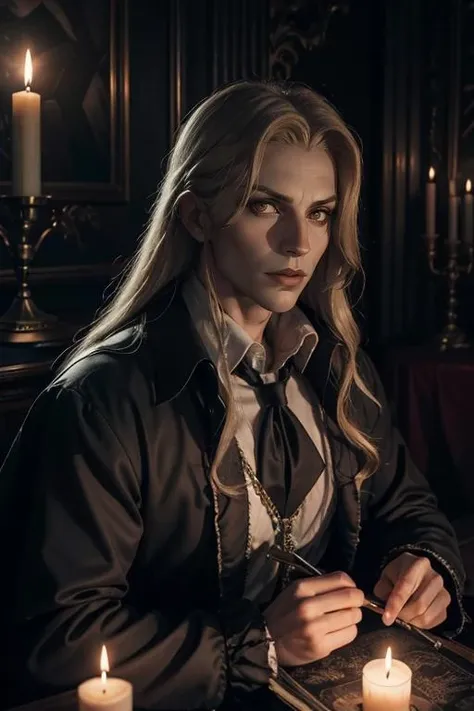 1man, handsome man, portrait upper body of alucardcastlevania wear court suit in bedroomgothic room, candle, looking at viewer, dim light, dark, horror \(theme\), realistic, long blonde,  <lora:ARWBedroomGothic:1> <lora:ARWAlucard:1>