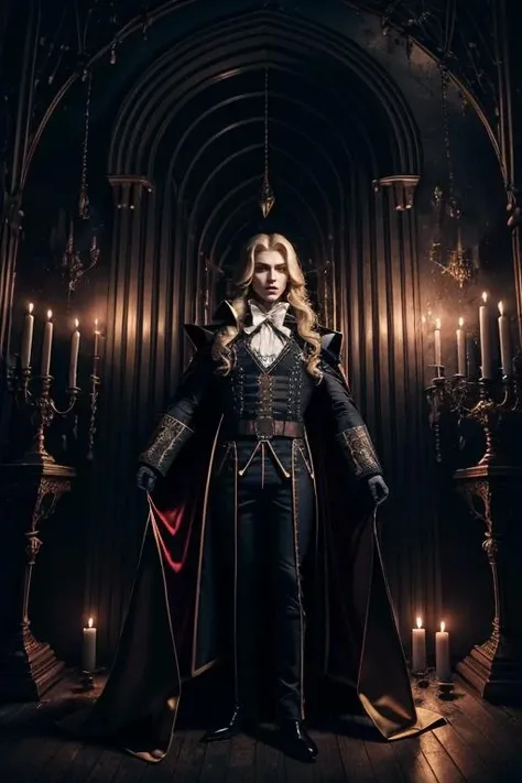 1man, handsome man, portrait upper body of alucardcastlevania wear court suit in bedroomgothic room, candle, looking at viewer, dim light, dark, horror \(theme\), realistic, long blonde, <lora:ARWBedroomGothic:1> <lora:ARWAlucard:1>