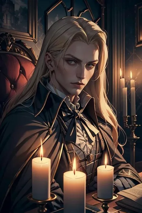 1man, handsome man, portrait upper body of alucardcastlevania wear court suit in bedroomgothic room, candle, looking at viewer, dim light, dark, horror \(theme\), realistic, long blonde,  <lora:ARWBedroomGothic:1> <lora:ARWAlucard:1>