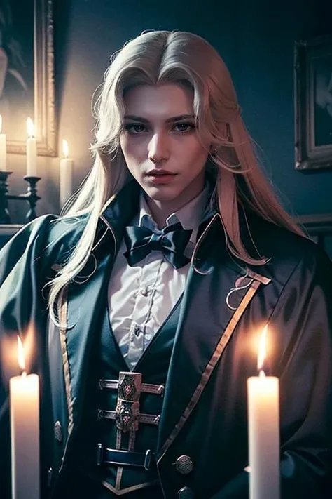 1man, handsome man, portrait upper body of alucardcastlevania wear court suit in bedroomgothic room, candle, looking at viewer, dim light, dark, horror \(theme\), realistic, long blonde,  <lora:ARWBedroomGothic:1> <lora:ARWAlucard:1>