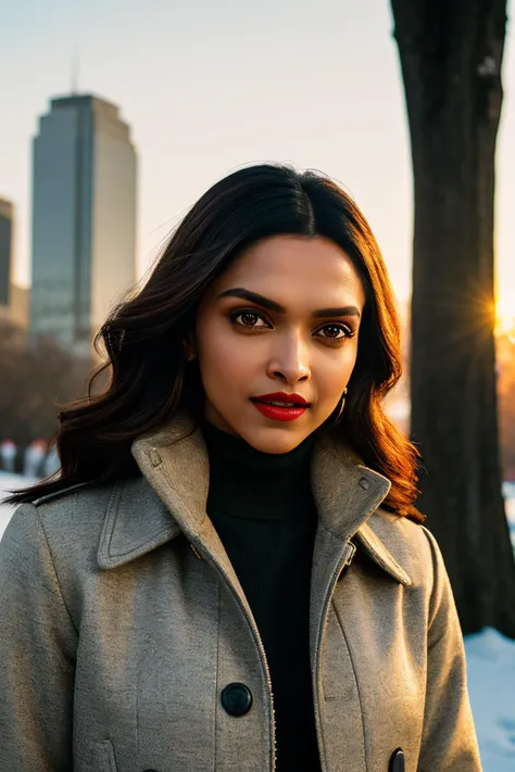 beautiful (deepika padukone woman:1.09), perfect waist, closeup portrait, realistic, (detailed:1.15),(film grain, skin details, 4k:1), bad, Dappled Light, analog style (look at the viewer), (skin texture), (film grain), (hyper-realistic texture skin:1.3), cinematic light, sidelighting, ultra high res, best shadow, RAW, beautiful hair, designer jacket, fashionable skirt, turtleneck shirt, winter city park, professional model photoshoot, hdr, sunset, (red lips)