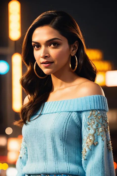 photo of beautiful (deepika padukone woman:1.09), a woman with long beautiful hair, as a movie star in a (movie premiere), premiere gala, (near a movie theatre), natural skin texture, (elegant Cloud Burst Blue sweater off-shoulder with a strap), 24mm, 4k textures, soft cinematic light, adobe lightroom, photolab, hdr, intricate, elegant, highly detailed, sharp focus, ((((cinematic look)))), soothing tones, insane details, intricate details, hyperdetailed, low contrast, soft cinematic light, exposure blend, hdr, faded, (paparazzi in background), (hoop earrings)
