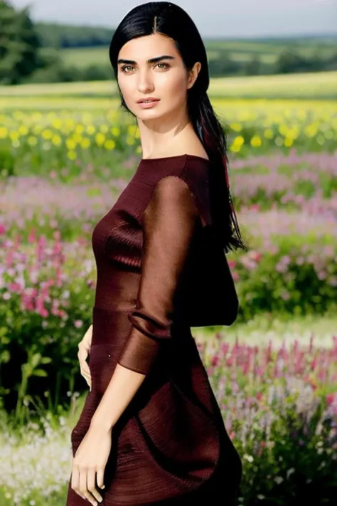 TubaBuyukustun01 medium body <lora:TubaBuyukustun01-000005:1> brown captivating stare, voluminous hair, seductive lips, (very light bold dark makeup:0.6), sculpted curves cheekbones, luscious kissers,, soft, high planes, Wildflower Meadow, Frolic in a meadow full of wildflowers.,