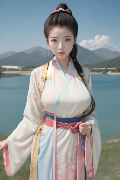 masterpiece, best quality
<lora:Jade Shen:0.7:FACE>1girl, large_breast, ponytail, looking at the viewer, solo,
cowboy_shot,
( 1-2$$blue|pink|red|golden and white hanfu:1.2), 
mountains, lake,