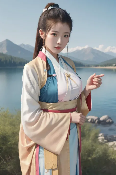 masterpiece, best quality
<lora:Jade Shen:0.7:FACE>1girl, large_breast, ponytail, looking at the viewer, solo,
cowboy_shot,
( 1-2$$blue|pink|red|golden and white hanfu:1.2),
mountains, lake,