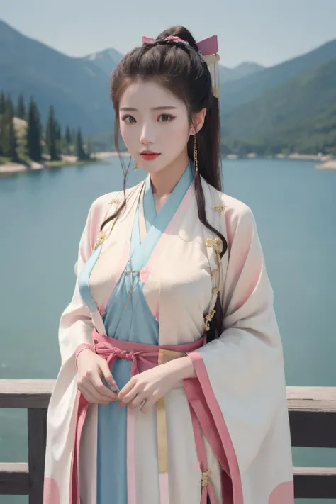 masterpiece, best quality
<lora:Jade Shen:0.7:FACE>1girl, large_breast, ponytail, looking at the viewer
cowboy_shot,
( 1-2$$blue|pink|red|golden and white hanfu:1.2),
mountains, lake,