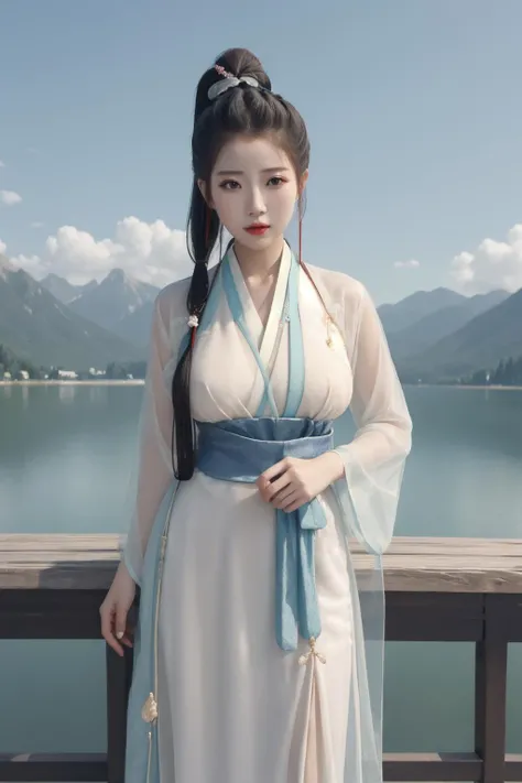 masterpiece, best quality
<lora:doll23:0.7:FACE>1girl, large_breast, ponytail,
cowboy_shot,
(see through hanfu:1.2),
mountains, towers, lake,
