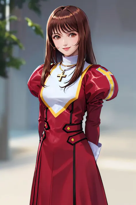 (artwork, best quality:1.2), Alone, 1 girl, Erica Fontaine, European, European girl, Dark red hair, Brown eyes, smile, Looking at the viewer, arms behind back, long hair tied up, red dress, cross, long sleeves, juliet sleeves, jewel, cross necklace