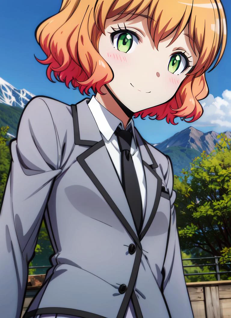 ((best quality)), ((highly detailed)), , <lora:more_details:.4>, (1girl), (solo), close-up, upper body, <lora:HinanoKurahashiR4:.7>, HinanoKurahashiR4, orange hair, short hair, green eyes, smiling, school uniform, grey jacket, blazer, white collared shirt, black necktie, grey skirt, pleated skirt, black kneehighs, black loafers, (outdoors, at a mountain, dusk)