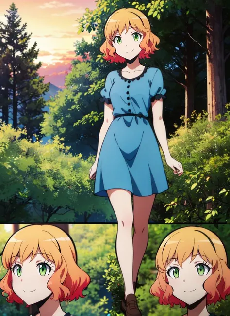 ((best quality)), ((highly detailed)), masterpiece, detailed face, beautiful face, , (1girl), (solo), multiple views, full body, <lora:HinanoKurahashiR4:.7>, HinanoKurahashiR4, orange hair, short hair, green eyes, smiling, blue dress, (outdoors, in a pine_tree forest, sunset, sunnyday)