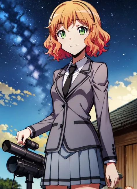 ((best quality)), ((highly detailed)), extremely detailed face, beautiful face, , <lora:more_details:.3>, (1girl), (solo), cowboy shot, <lora:HinanoKurahashiR4:.7>, HinanoKurahashiR4, orange hair, short hair, green eyes, smiling, school uniform, grey jacket, blazer, white collared shirt, black necktie, grey skirt, pleated skirt, black kneehighs, black loafers, (outdoors, at a village, (2girls), night, night sky, stars, moonlight, telescope, cloudy)