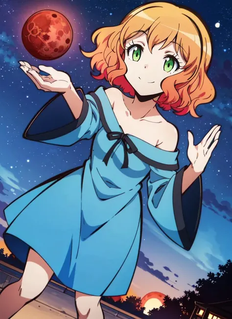 ((best quality)), ((highly detailed)), , (1girl), (solo), fisheye lense, dynamic pose, full body, very wide shot, <lora:HinanoKurahashiR4:.8>, HinanoKurahashiR4, orange hair, short hair, green eyes, smiling, blue dress, off shoulder, collarbone, (outside, at a shrine, evening, night sky, stars, blood moon)