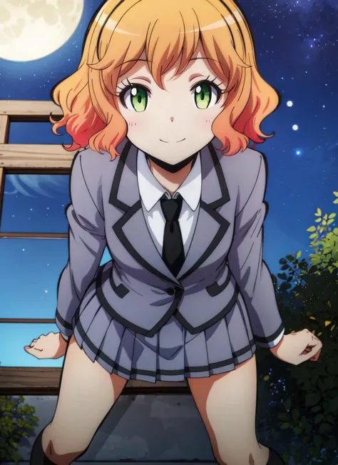 ((best quality)), ((highly detailed)), , (1girl), (solo), reflection, sexy position, <lora:hairdetailer:.5>, <lora:HinanoKurahashiR4:.8>, HinanoKurahashiR4, orange hair, short hair, green eyes, smiling, school uniform, grey jacket, blazer, white collared shirt, black necktie, grey skirt, pleated skirt, black kneehighs, black loafers, (outside, in a shrine, evening, night sky, stars, blue moon)