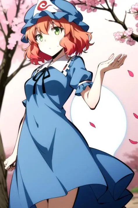 masterpiece, highres, 1girl, <lora:HinanoKurahashiR4:0.7>,HinanoKurahashiR4, green eyes, orange hair,blue dress,cherry blossoms,dress,ghost,hat,hitodama,japanese clothes,petals,saigyouji yuyuko,solo,tbdfactory,touhou,triangular headpiece,