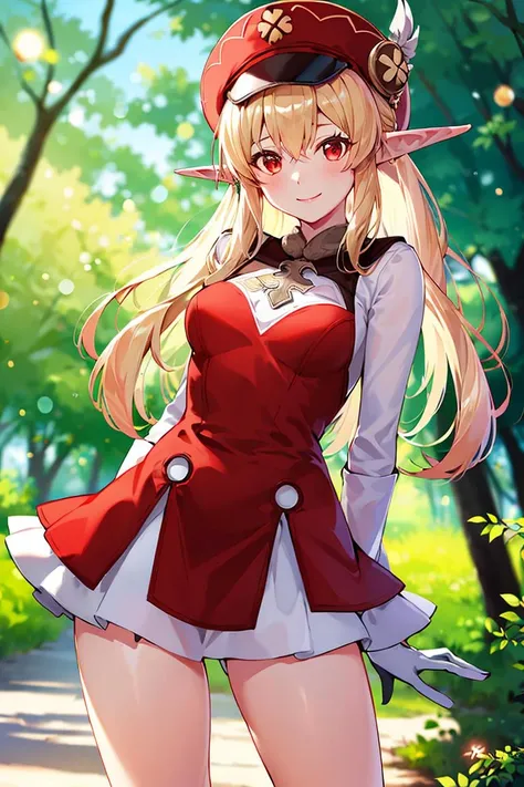 centered, award winning photo, (looking at viewer:1.2), | smile, Adult_Klee_Genshin, red hat, blonde, pointy ears, elf, red skirt, |forest, | dynamic pose, contrapposto, bokeh, depth of field, cinematic composition, | <lora:Adult_Klee_Genshin:0.7>