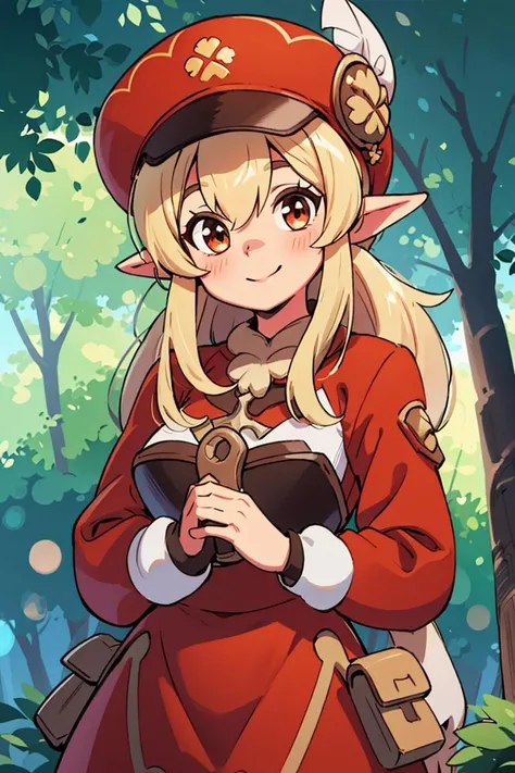 centered, award winning upper body portrait, cowboy shot, (looking at viewer:1.2), | solo, standing, smile, Adult_Klee_Genshin, pointy ears, red hat, | forest,, | bokeh, depth of field, cinematic composition, | dynamic pose, <lora:Adult_Klee_Genshin:0.8>