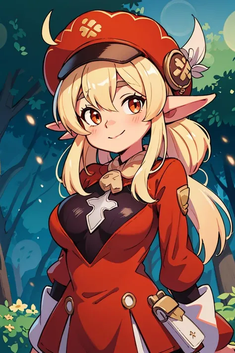 centered, award winning upper body portrait, cowboy shot, (looking at viewer:1.2), | solo, standing, smile, Adult_Klee_Genshin, pointy ears, red hat, | forest,, | bokeh, depth of field, cinematic composition, | dynamic pose, <lora:Adult_Klee_Genshin:0.8>