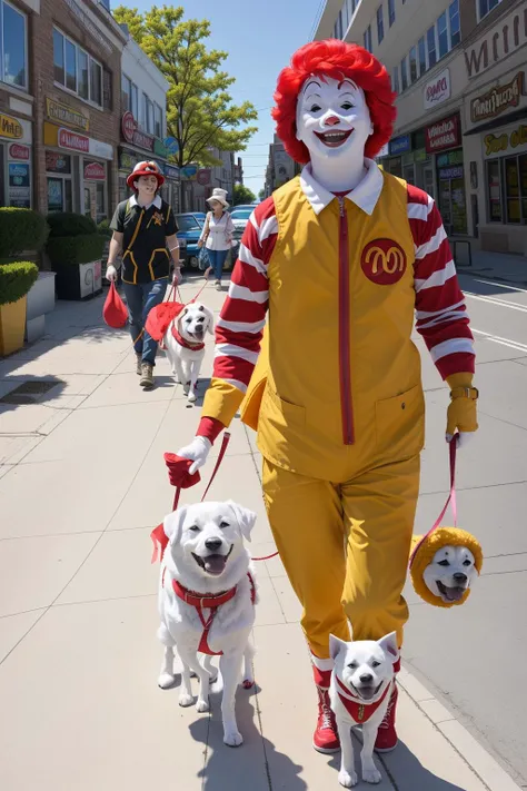 r0n4ld walking one dog down the street<lora:r0n4ld:0.8>