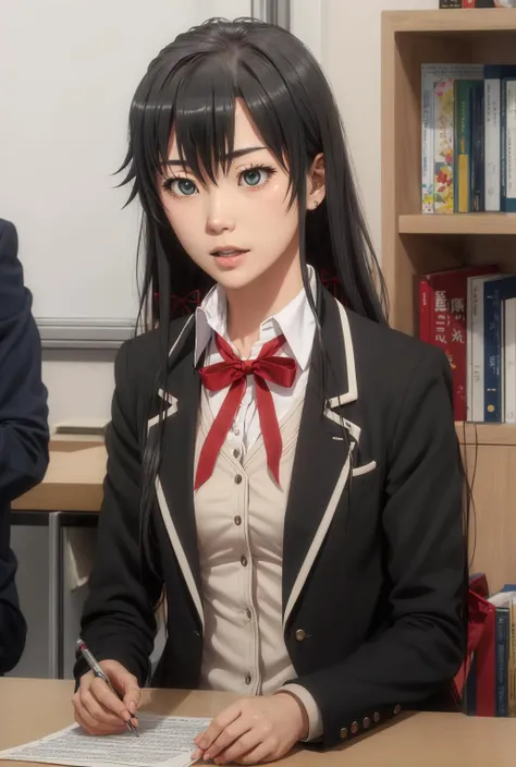 Eft_Oregairu_Yukino, yukinoshita yukino,black hair,long hair,blue eyes,hair ribbon,bangs, <lora:Юкино oregaru(Eft_Oregairu_Yukino, yukinoshita yukino,black hair,long hair,blue eyes,hair ribbon,bangs(Ñм одежда):0.8>sobu high school uniform,school uniform, black jacket,white shirt, red ribbon neck ribbon,blazer,collared shirt,open jacket, open clothes,red bow, 1girl, in full growth, best quality, masterpiece, good quality