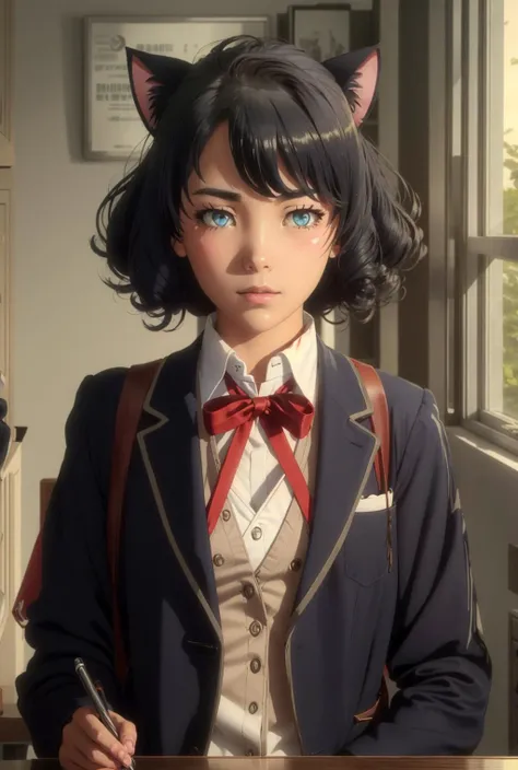<lora:Юкино oregaru(Eft_Oregairu_Yukino, yukinoshita yukino,black hair,long hair,blue eyes,hair ribbon,bangs(Ñм одежда):0.8>sobu high school uniform,school uniform, black jacket,white shirt, red ribbon neck ribbon,blazer,collared shirt,open jacket, open clothes,red bow, <lora:ÐоÑка-девоÑка из Ñок ÑоÑ(cyan, animal ears, cat ears,tail,blue eyes,black hair,curly hair):0.7>,cyan, animal ears, cat ears,tail,blue eyes,black hair,curly hair, 1girl in full growth, best quality, masterpiece, ultra-detailed, high quality, perfect nose, highly detailed skin, warm skin tone, defiance512, RAW photo, best quality, high resolution, (masterpiece), dreamlike, dreamy, modelshoot style, analog style, tonemapping, photorealistic, professional photography, sharp focus, HDR, 8K resolution, intricate detail, sophisticated detail, hyper detailed, (depth of field), highlight and shadow, volumetric lighting, cinematic bloom, professional light, looking at viewer, blotchy,