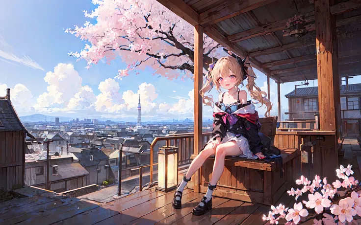 (masterpiece, high quality, highres,Highest picture quality), (Master's work),(from above:0.8), depth of field,
cute girl,solo,solo focus,feel happy,graduate,(Cherry blossom:1.1),sakura, one strap,skirt bow,lace-trimmed skirt,detailed eyes,detailed face,shiny hair, shiny skin, shiny eyes, long hair, blonde hair, low twintails,collarbone, bare shoulders,
(In spring, a girl sits on an observation deck on a hillside far from the city looking out over the city at night,The city shines with neon in the distance and the tall Tokyo Tower towers over the city:1.25),Lighting,starry sky, cloudy sky, cloud, (full moon:0.7),
<lora:mochaBeautifulSky_v10:0.5>