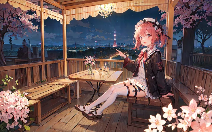 (masterpiece, high quality, highres,Highest picture quality), (Master's work),(from above:0.8),
cute girl,solo,solo focus,feel happy,graduate,(Cherry blossom:1.1),thighhighs, one thigh strap,skirt bow,lace-trimmed skirt,detailed eyes,detailed face,shiny hair, shiny skin, shiny eyes,
(In spring, a girl sits on an observation deck on a hillside far from the city looking out over the city at night,The city shines with neon in the distance and the tall Tokyo Tower towers over the city:1.2),Lighting,starry sky, cloudy sky, cloud,
<lora:mochaBeautifulSky_v10:0.5>