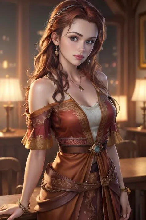 (photo of female citizen:1.3) 1girl, solo, small breasts, looking at viewer, smile, hair ornament, cleavage, dress, bare shoulders, jewelry, collarbone, ((Knees to head portrait))upper body, red hair, flower, teeth, solo focus, hair flower, necklace, blurry, strapless, tattoo, depth of field, , (realistic:1.3) crowd, (in a medieval tavern:1.1), 8k, cinematic, fantasy, nsfw, ((subtle nudity))((subtle sexuality))exposed woman, exposed breast
