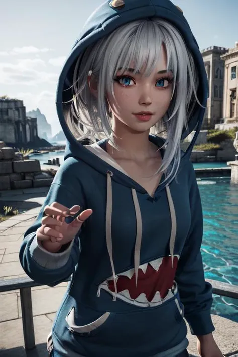 Masterpiece, Best Quality, Ultra Resolution, 1girl, Gawr Gura, blue hoodie, pretty girl, Cowboy_shot, atlantis 3d background, <lora:hotarublurbk_v100:-1>lovely eyes, white hair, ho****ve <lora:ho****veENGen1_v1:0.6>, 3d render, unreal engine 5 render, detailed face, detailed eyes, perfect eyes