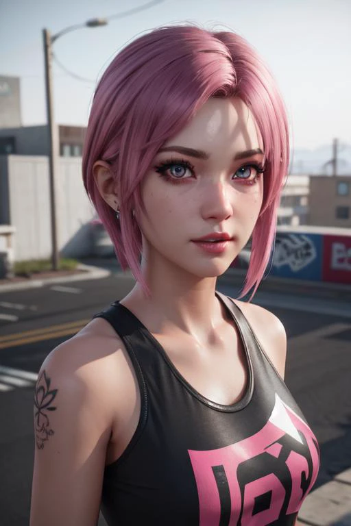 pink hair e-girl wearing gamer girl outfit, upperbody, 3d render, unreal engine 5 render, detailed face, detailed eyes, perfect eyes