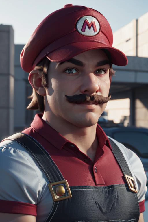 3d render, 1boy, Mario, super mario bros, upperbody, wearing red hat, obese, blue suspender, red shirt, 3d render, unreal engine 5 render, detailed face, detailed eyes, perfect eyes