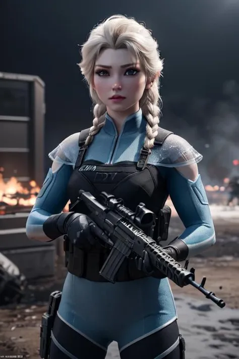 3d render, cgi, 1girl, Elsa Frozen as swat team, fully armed, in call of duty gameplay, facing camera, cinematic lighting, 4k, hyperrealistic, focused, extreme details, unreal engine 5 render, cinematic, masterpiece