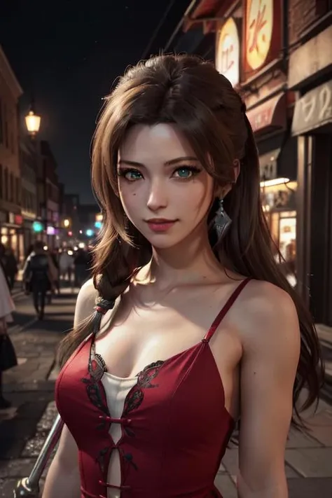 final fantasy VII 3d render, 1girl, Aerith final fantasy VII, upperbody, wearing red dress, night midgar city. green eyes, happy, (masterpiece, best quality, high quality,intricate details, perfect eyes, detailed eyes:1.2)