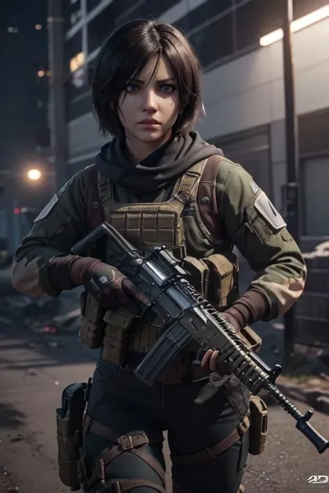 3d render, cgi, 1girl, Mikasa Ackernan, fully armed, in call of duty gameplay, facing camera, cinematic lighting, 4k, hyperrealistic, focused, extreme details, unreal engine 5 render, cinematic, masterpiece