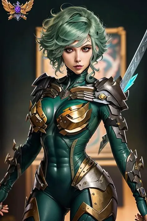 ((best quality)), ((masterpiece)), (detailed), woman with green hair, holding a sword, (Artgerm inspired:1.2), (pixiv contest winner:1.1), (octopus goddess:1.3), (Berserk art style:1.2), close-up portrait, goddess skull, (Senna from League of Legends:1.1), (Tatsumaki with green curly hair:1.2), card game illustration, thick brush, HD anime wallpaper, (Akali from League of Legends:1.1), 8k resolution  <lora:epTactical1:1> <lora:RaidenDoguV3:1>